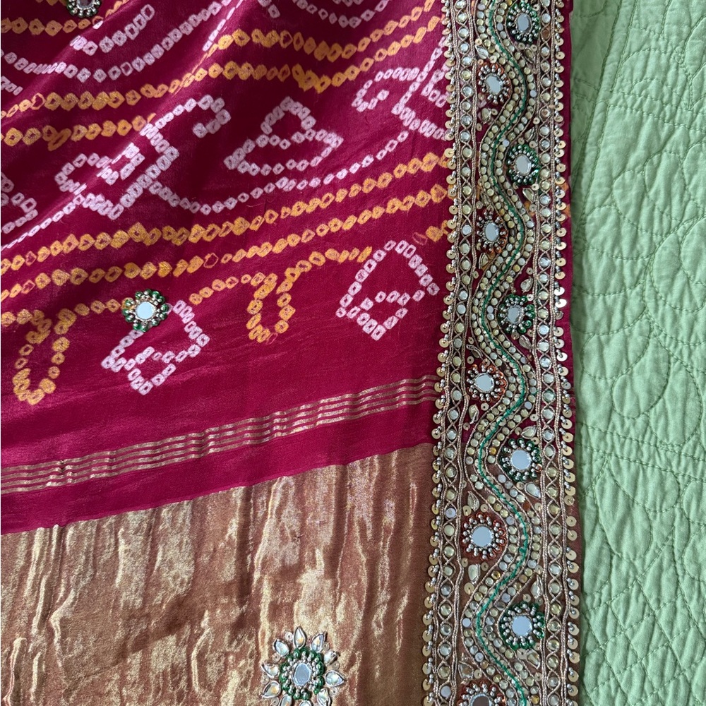 Red and gold hand embroidered hand tied bandhani saree in pure silk - Picture 2 of 4